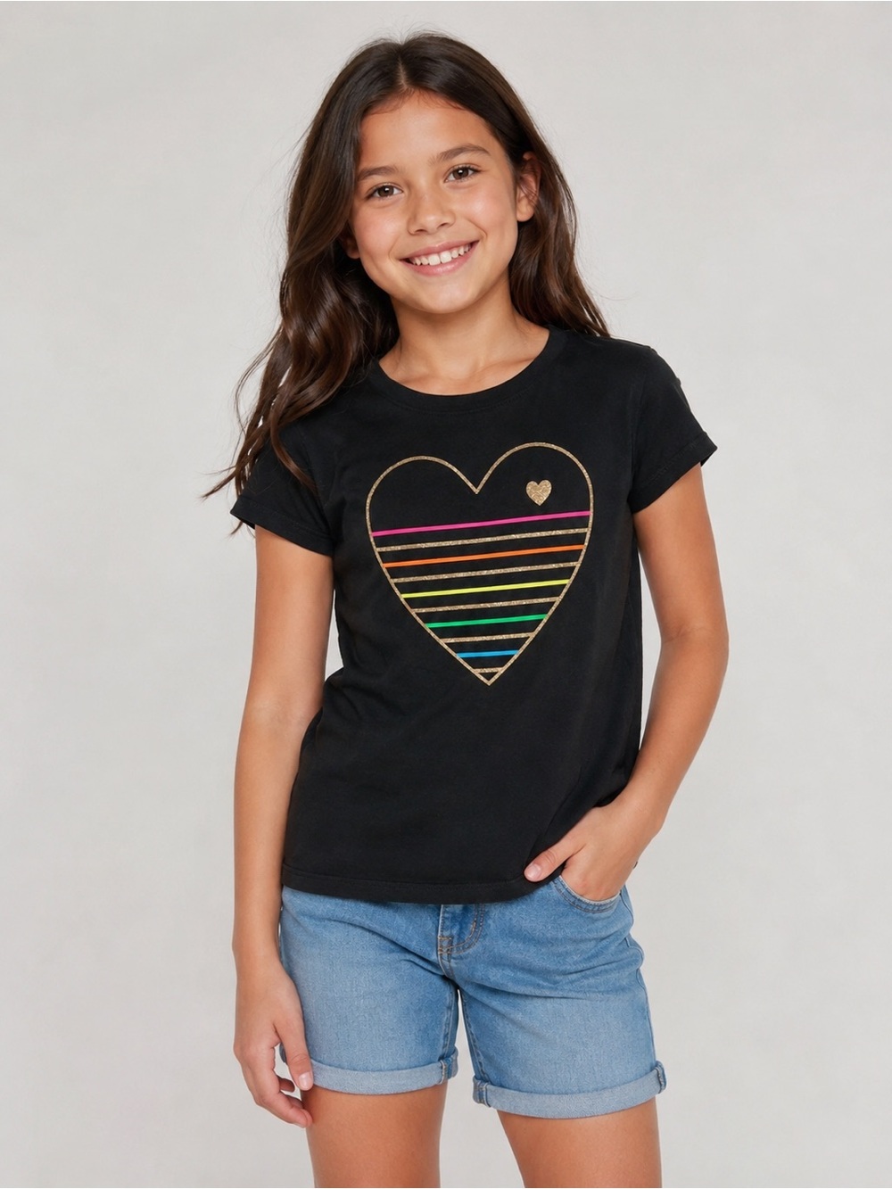 Cat & Jack Girls’ Size M 8 Black Rainbow Heart Short Sleeve Graphic T-Shirt